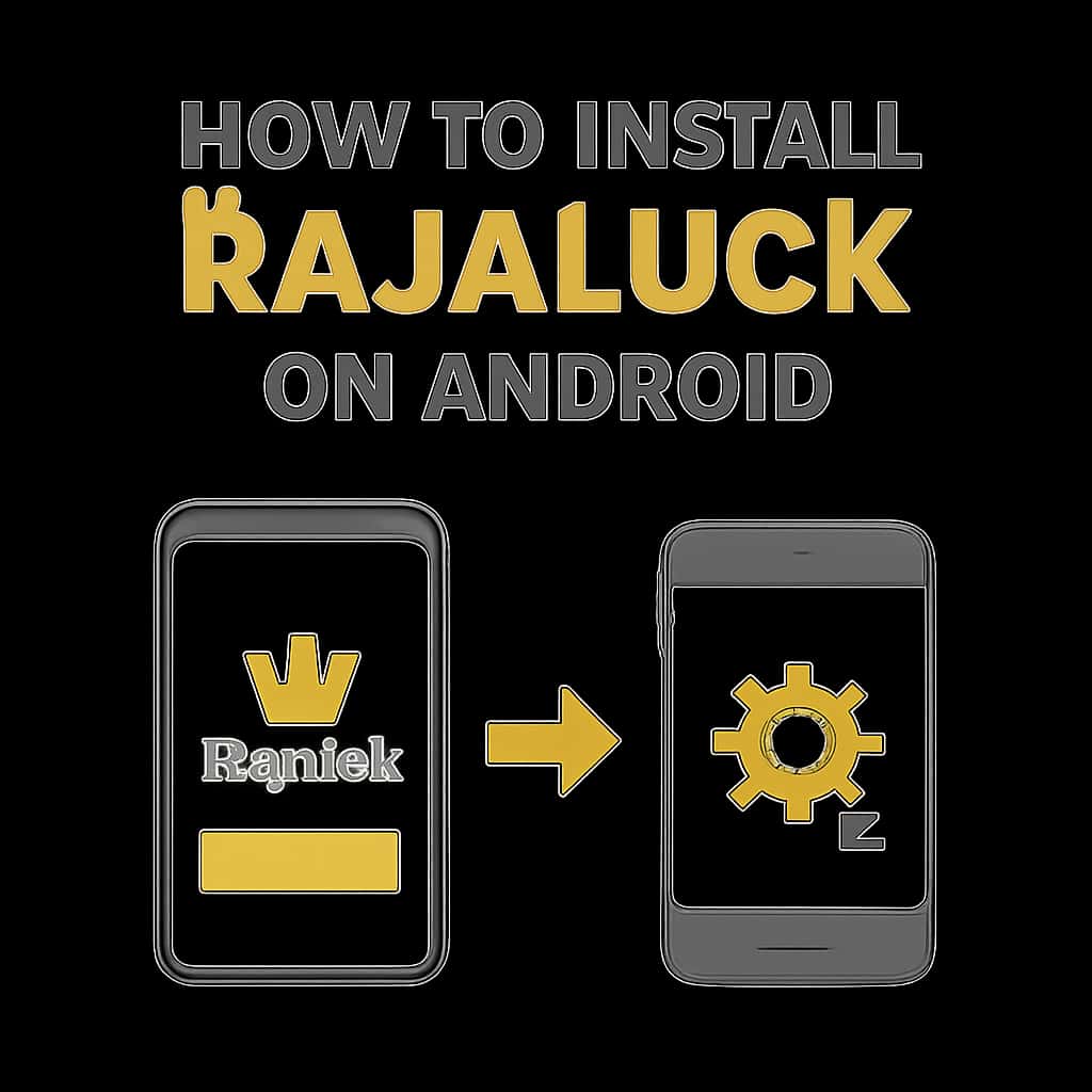An educational illustration detailing the APK installation process for Rajaluck on Android.
