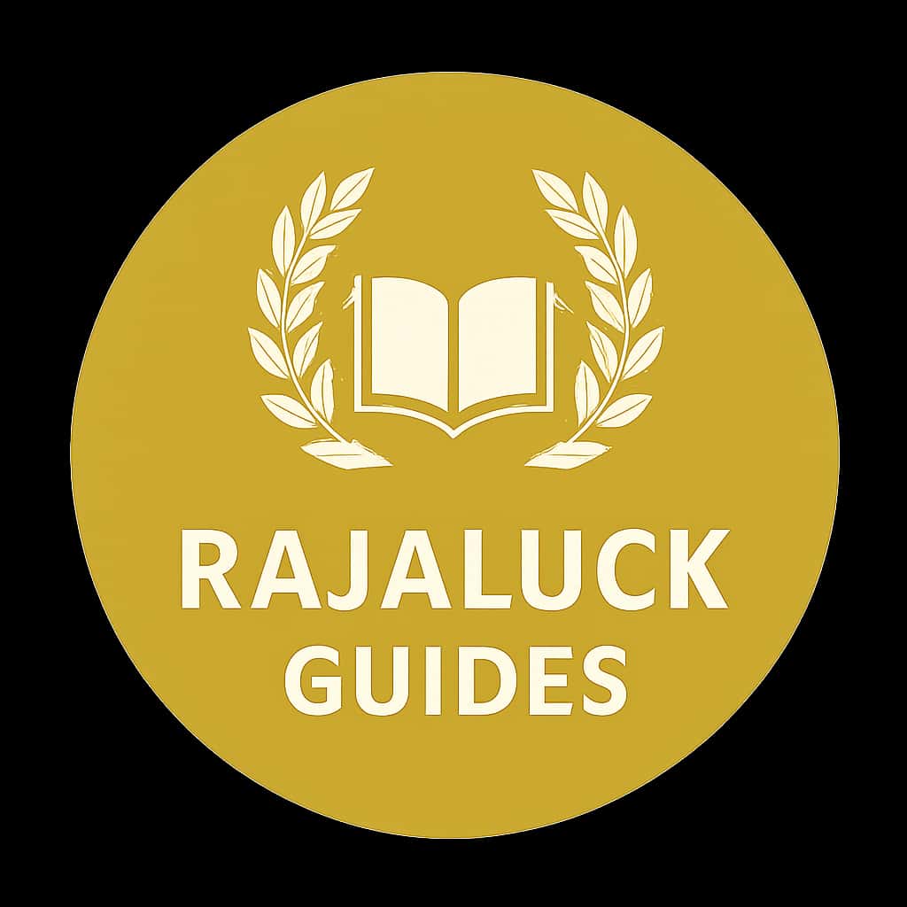 A simple badge illustrating Rajaluck Guides with a focus on clarity.