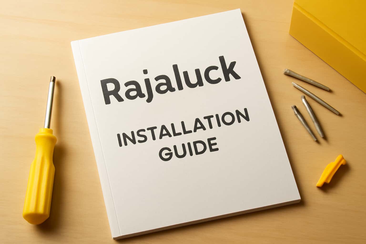 An informational scene illustrating the Rajaluck Installation Guide with the title text clearly displayed.