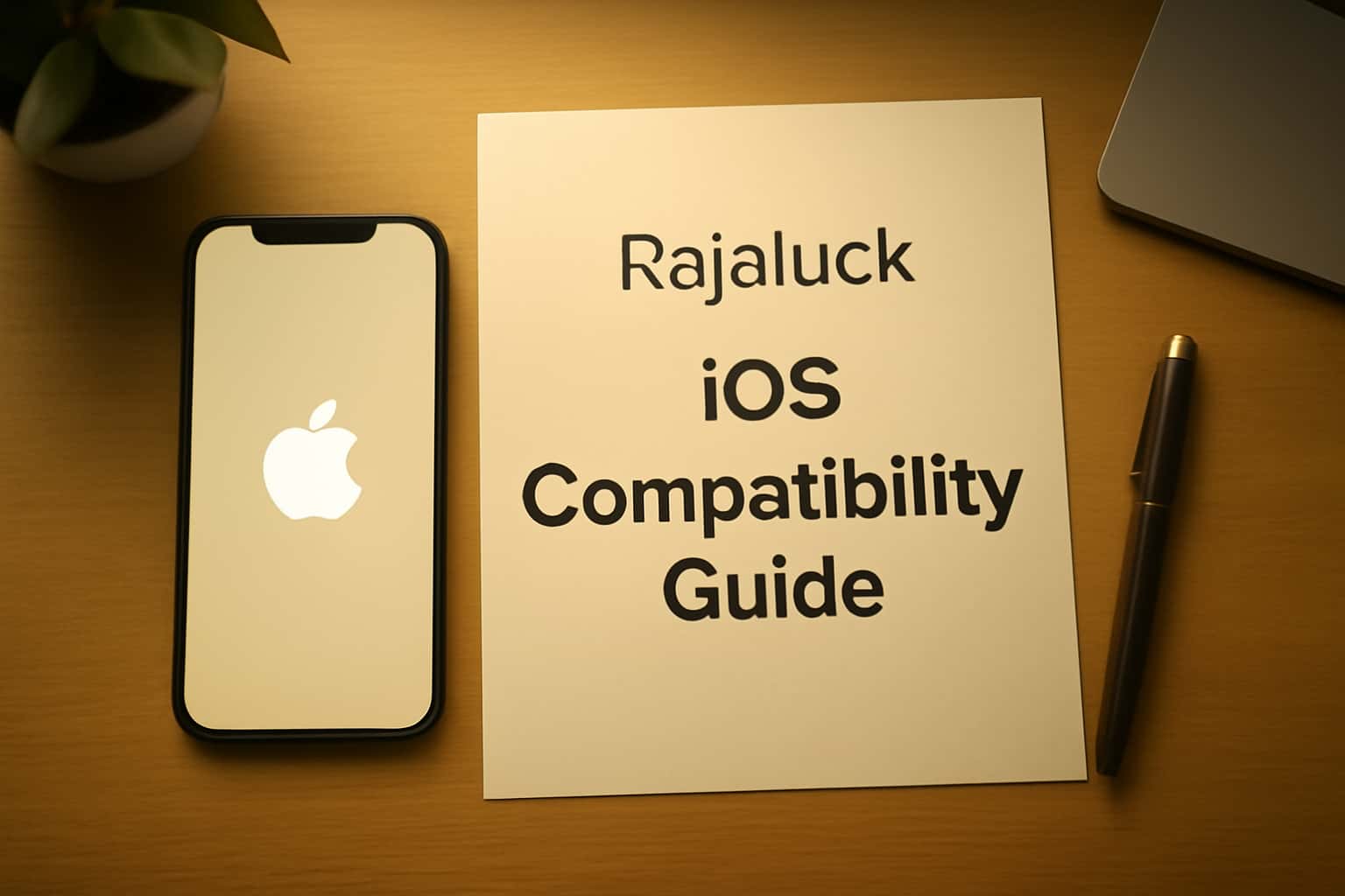 Informational graphic featuring the Rajaluck iOS Compatibility Guide title in a tech-themed design.
