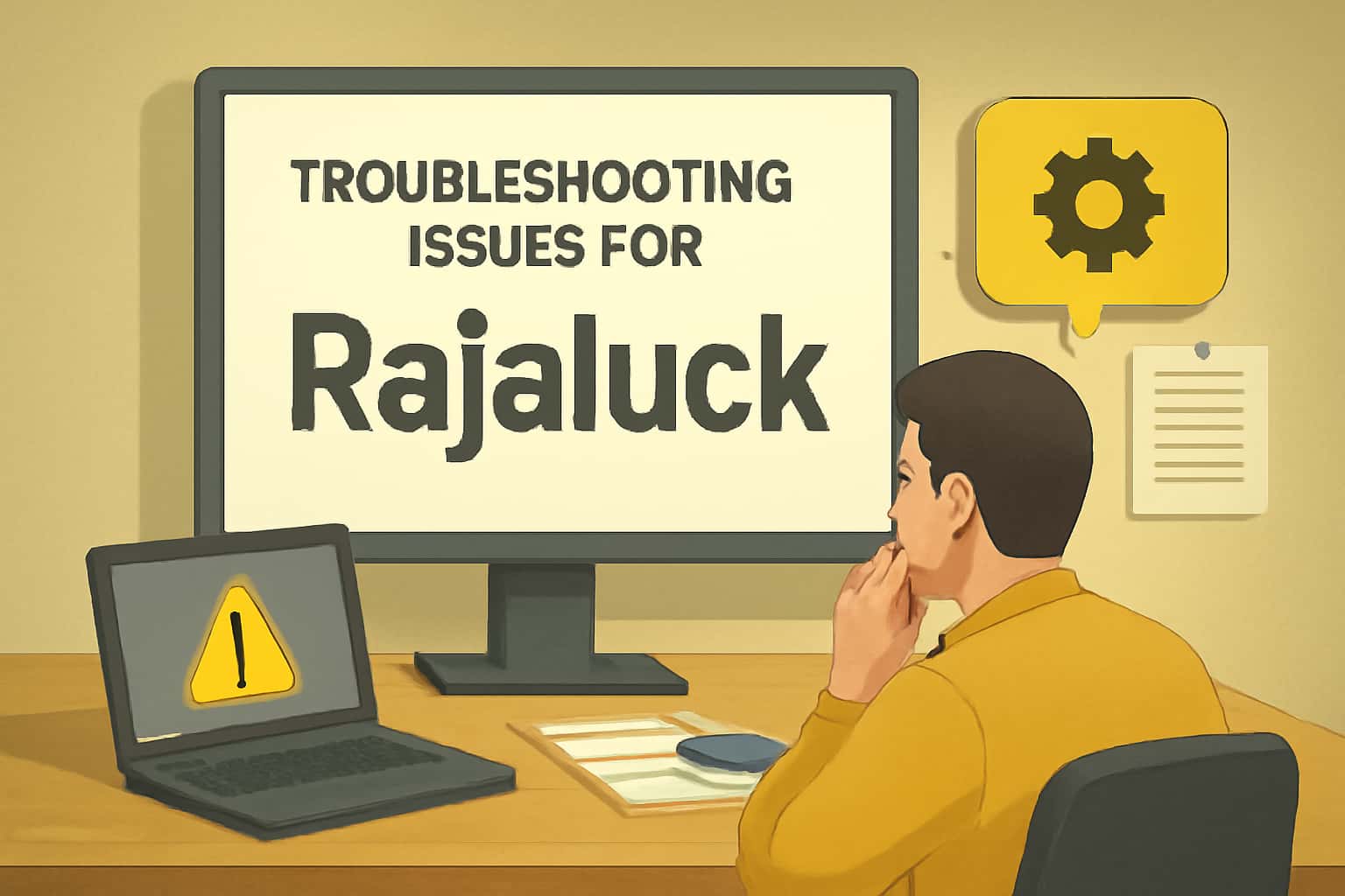 An informational scene focusing on troubleshooting for the Rajaluck app, featuring relevant tech visuals.